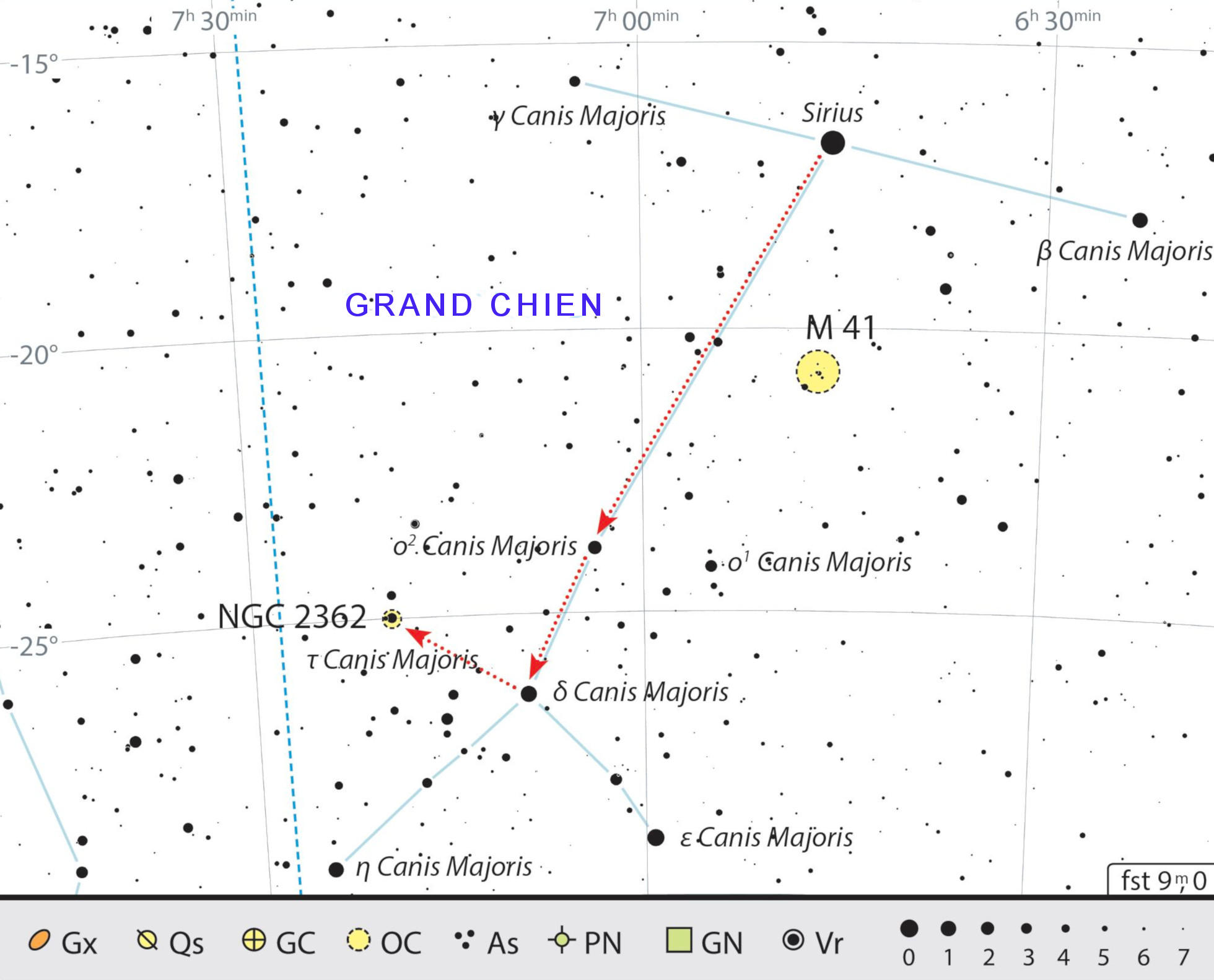 Carte de recherche de l’amas Tau Canis Majoris dans la constellation du Grand Chien. J. Scholten
